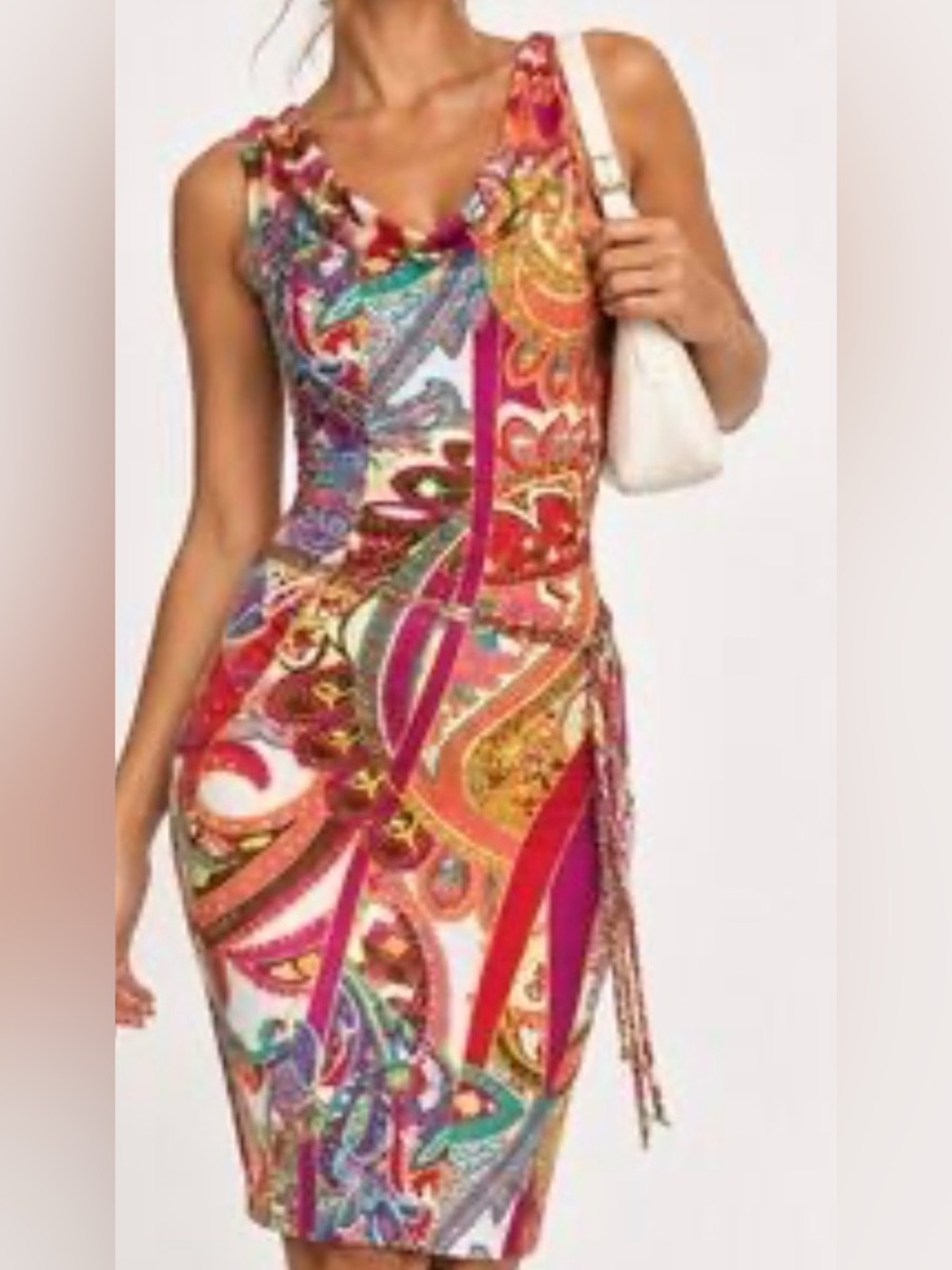 Vintage 90s Y2K Cache Sleeveless Bright Multicolor Paisley Dress Chain Belt L .